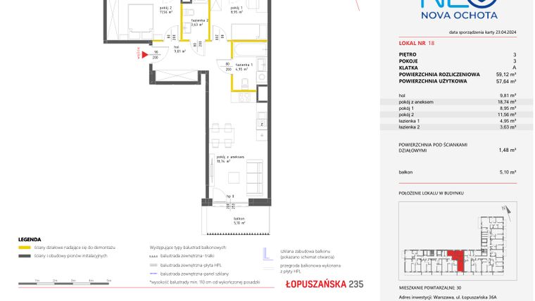 Rzut - Mieszkanie na sprzedaż 3 pokoje o powierzchni 59,12 m² - numer 18 w Neo Nova Ochota