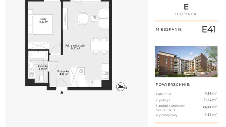 Rzut - Mieszkanie na sprzedaż 2 pokoje o powierzchni 45,42 m² - numer E41 w Na Koszutce II