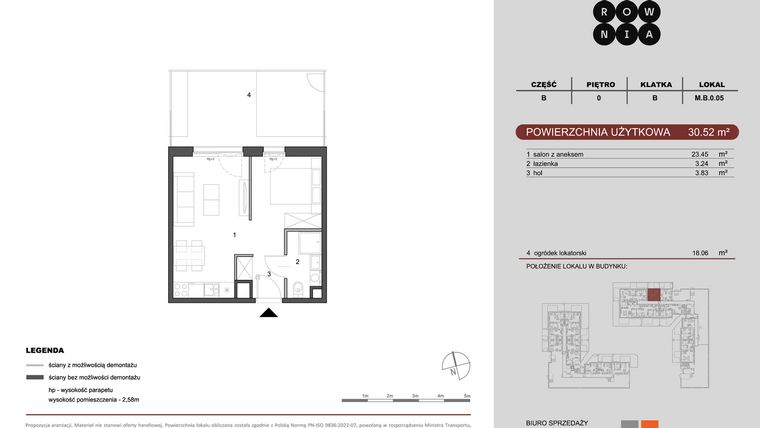 Rzut - Mieszkanie na sprzedaż 1 pokój o powierzchni 30,52 m² - numer M.B.0.005 w CUKROWNIA