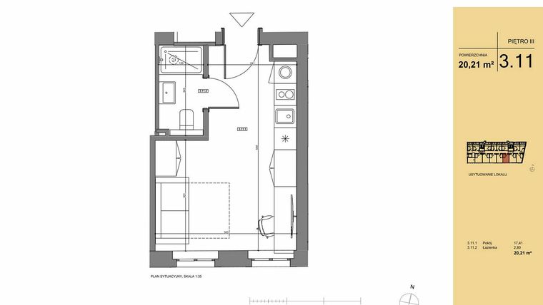 Rzut - Mieszkanie na sprzedaż 1 pokój o powierzchni 20,21 m² - numer 3.11 w Rezydencja San Petrus