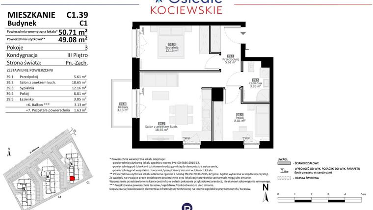 Rzut - Mieszkanie na sprzedaż 3 pokoje o powierzchni 49,08 m² - numer C1.39 w Osiedle Kociewskie etap III