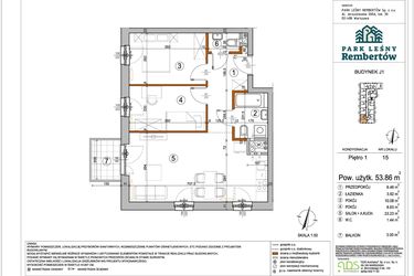 Rzut - Mieszkanie na sprzedaż 3 pokoje o powierzchni 53,86 m² - numer J1-15 w Park Leśny Rembertów etap VIII