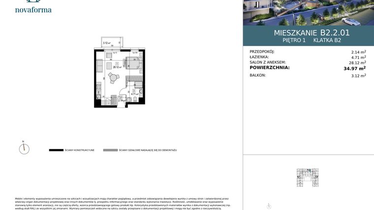 Rzut - Mieszkanie na sprzedaż 1 pokój o powierzchni 34,97 m² - numer B2.2.01 w Novaforma II