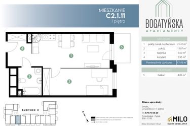 Rzut - Mieszkanie na sprzedaż 2 pokoje o powierzchni 47,43 m² - numer C2.1.11 w Bogatyńska Apartamenty etap 3