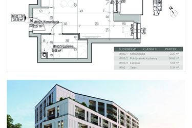 Rzut - Mieszkanie na sprzedaż 1 pokój o powierzchni 32,59 m² - numer 102 w Aleja
