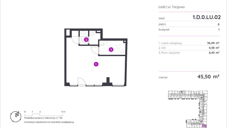 Rzut - Lokal użytkowy na sprzedaż 1 pokój o powierzchni 45,5 m² - numer 1.D.0.LU.02 w Murapol Forum