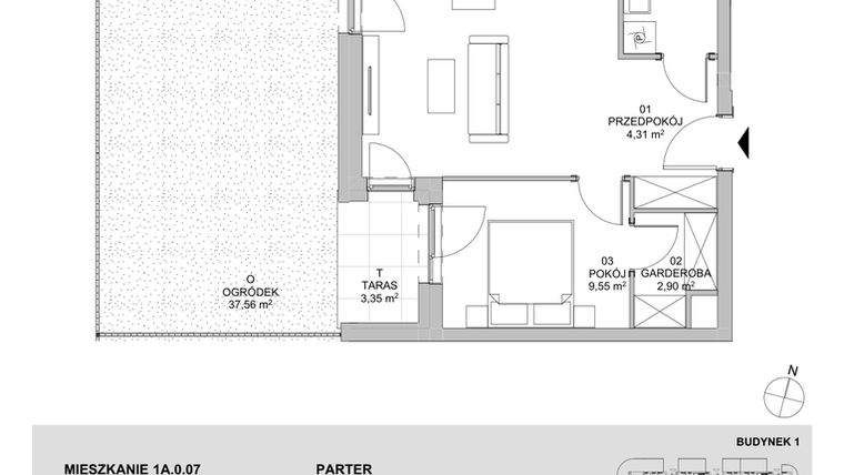 Rzut - Mieszkanie na sprzedaż 2 pokoje o powierzchni 47,76 m² - numer 1A.0.07 w Francuska Park VIIIB