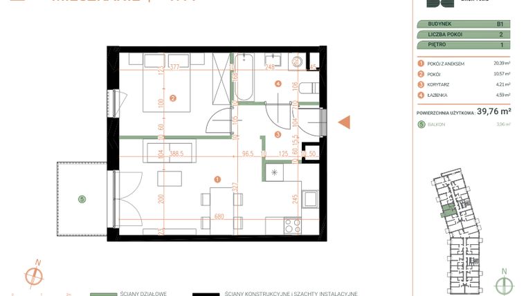 Rzut - Mieszkanie na sprzedaż 2 pokoje o powierzchni 39,76 m² - numer M.01.11 w Casa Feliz Portowa II
