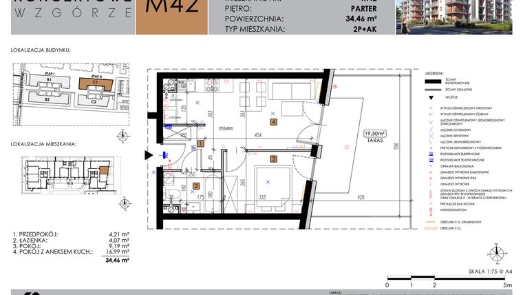 Rzut - Mieszkanie na sprzedaż 2 pokoje o powierzchni 34,46 m² - numer C1_M42/P w Koncertowe Wzgórze etap II