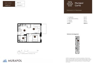 Rzut - Mieszkanie na sprzedaż 2 pokoje o powierzchni 36,55 m² - numer 2.A.4.05 w Murapol Corfa