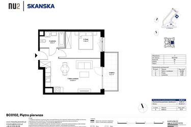 Rzut - Mieszkanie na sprzedaż 2 pokoje o powierzchni 41,55 m² - numer BC0102 w NU2 Warszawa Wola