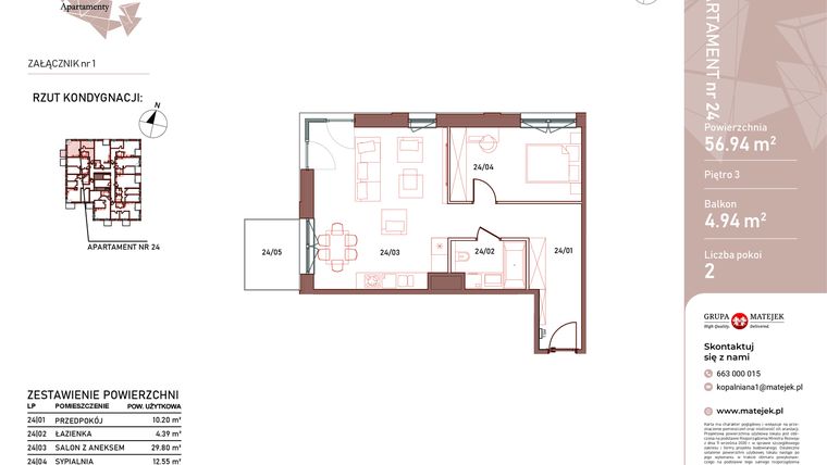 Rzut - Mieszkanie na sprzedaż 2 pokoje o powierzchni 56,94 m² - numer 24 w Kopalniana