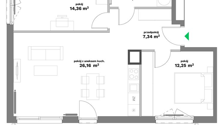 Rzut - Mieszkanie na sprzedaż 3 pokoje o powierzchni 65,67 m² - numer B2-9 w Forma Otwarta etap II