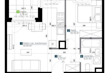 Rzut - Mieszkanie na sprzedaż 2 pokoje o powierzchni 39,34 m² - numer AA0106 w M Bemowo 3