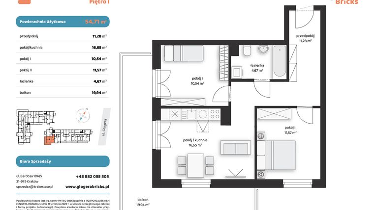 Rzut - Mieszkanie na sprzedaż 3 pokoje o powierzchni 54,71 m² - numer M II.1.3 w Glogera Bricks