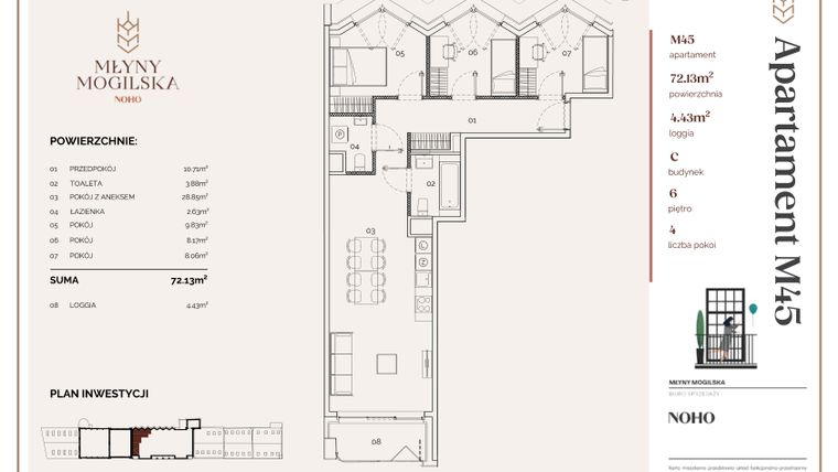 Rzut - Mieszkanie na sprzedaż 4 pokoje o powierzchni 72,13 m² - numer C.45 w Młyny Mogilska