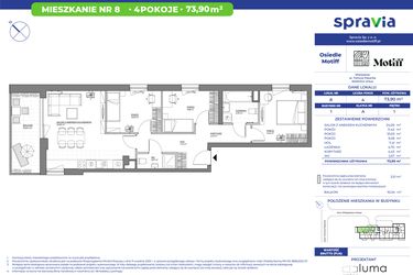 Rzut - Mieszkanie na sprzedaż 4 pokoje o powierzchni 73,9 m² - numer 1/8 w Osiedle Motiff