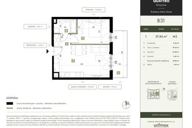 Rzut - Mieszkanie na sprzedaż 2 pokoje o powierzchni 37,86 m² - numer B31 w Quattro Ursynów