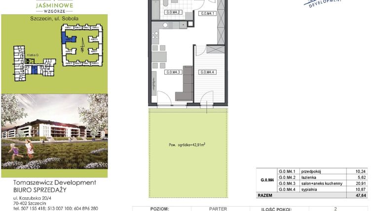 Rzut - Mieszkanie na sprzedaż 2 pokoje o powierzchni 47,64 m² - numer G0M4 w Jaśminowe Wzgórze - etap II