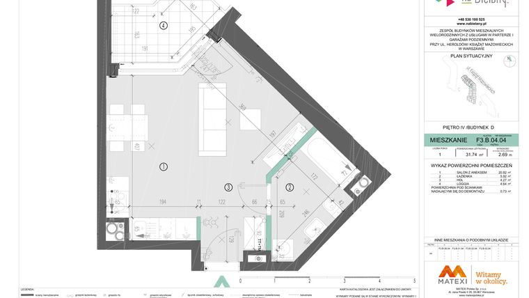 Rzut - Mieszkanie na sprzedaż 1 pokój o powierzchni 31,74 m² - numer F3.B.04.04 w Na Bielany! etap III