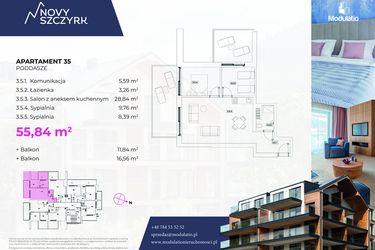 Rzut - Mieszkanie na sprzedaż 3 pokoje o powierzchni 55,84 m² - numer 35 w Novy Szczyrk