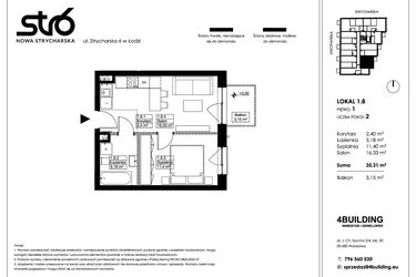 Rzut - Mieszkanie na sprzedaż 2 pokoje o powierzchni 35,31 m² - numer 1.8 w Nowa Strycharska | STR 6