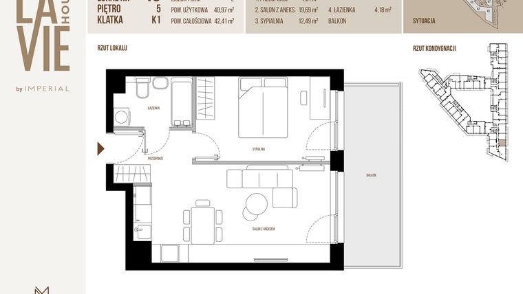 Rzut - Mieszkanie na sprzedaż 2 pokoje o powierzchni 40,97 m² - numer 40 w La Vie House