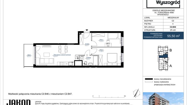 Rzut - Mieszkanie na sprzedaż 3 pokoje o powierzchni 55,5 m² - numer C2.B46 w Nowy Wyszogród etap II