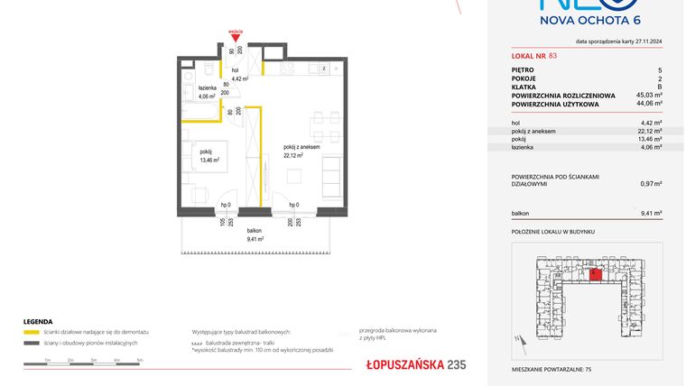 Rzut - Mieszkanie na sprzedaż 2 pokoje o powierzchni 41,11 m² - numer 83 w Neo Nova Ochota 6