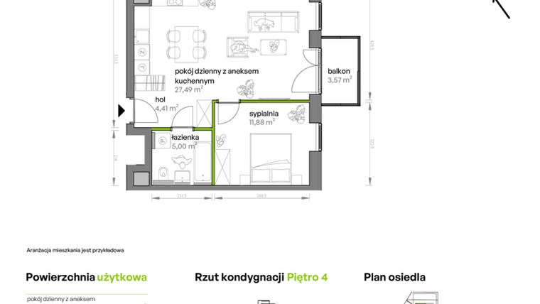 Rzut - Mieszkanie na sprzedaż 2 pokoje o powierzchni 49,23 m² - numer AA0402 w Ptasia Vita