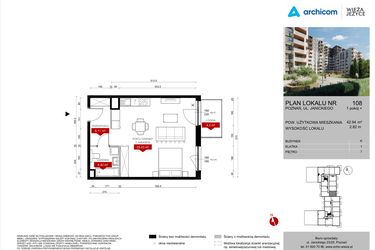Rzut - Mieszkanie na sprzedaż 1 pokój o powierzchni 42,94 m² - numer K.108 w Wieża Jeżyce etap V