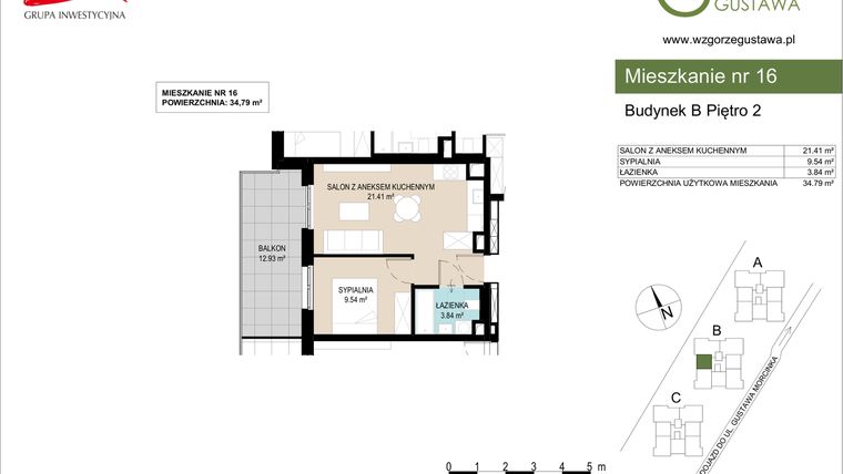 Rzut - Mieszkanie na sprzedaż 2 pokoje o powierzchni 34,79 m² - numer B16 w Wzgórze Gustawa