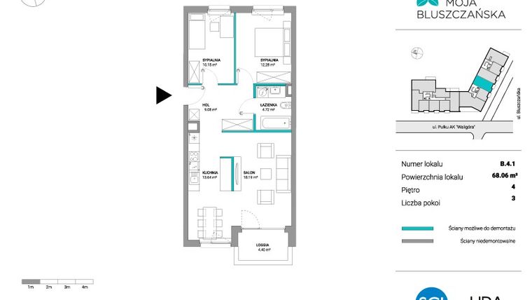 Rzut - Mieszkanie na sprzedaż 3 pokoje o powierzchni 68,06 m² - numer B.4.1 w Moja Bluszczańska