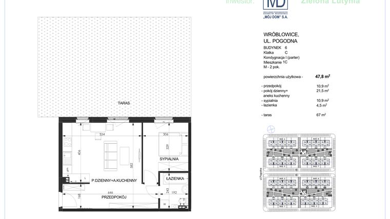 Rzut - Mieszkanie na sprzedaż 2 pokoje o powierzchni 47,8 m² - numer 6C - 1C w Zielona Lutynia