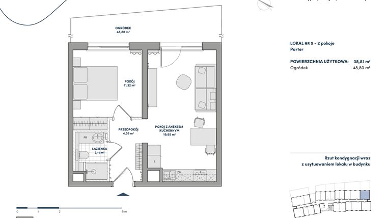 Rzut - Mieszkanie na sprzedaż 2 pokoje o powierzchni 38,81 m² - numer 9 w AtHome - Apartamenty inwestycyjne
