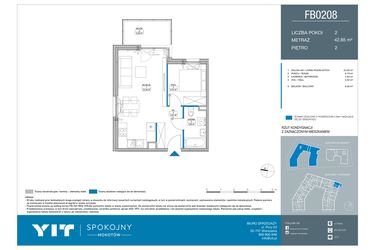 Rzut - Mieszkanie na sprzedaż 2 pokoje o powierzchni 42,85 m² - numer FB0208 w Spokojny Mokotów etap II