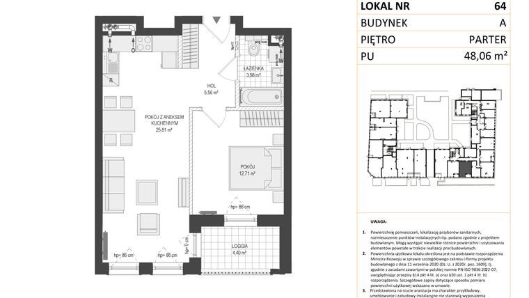 Rzut - Mieszkanie na sprzedaż 2 pokoje o powierzchni 48,06 m² - numer A.64 w Esencja