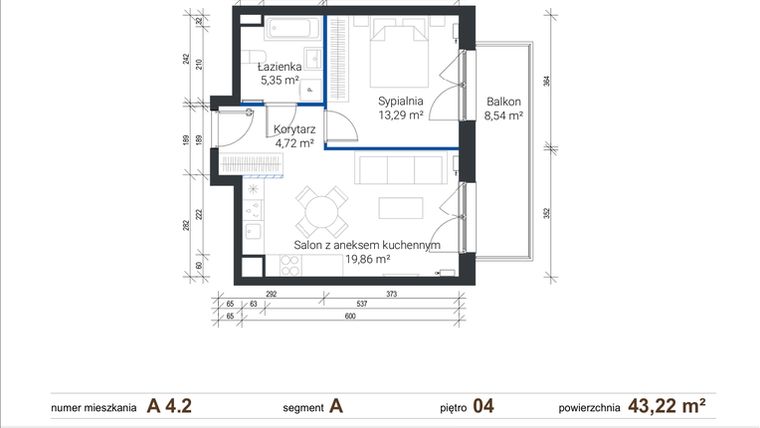 Rzut - Mieszkanie na sprzedaż 2 pokoje o powierzchni 43,22 m² - numer A 4.2 w Nowe Zabłocie