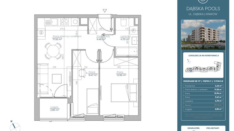 Rzut - Mieszkanie na sprzedaż 3 pokoje o powierzchni 49,14 m² - numer 117 w Dąbska Pools