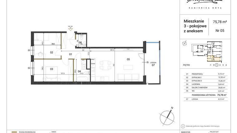 Rzut - Mieszkanie na sprzedaż 3 pokoje o powierzchni 75,78 m² - numer 5 w Kamienica Nova Chopina 22