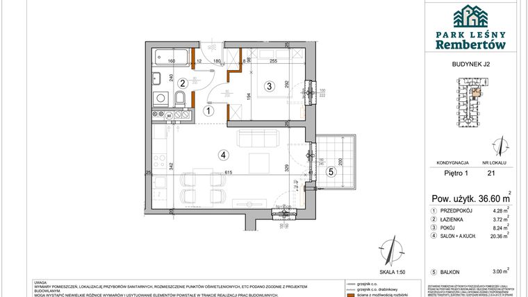 Rzut - Mieszkanie na sprzedaż 2 pokoje o powierzchni 36,6 m² - numer J2-21 w Park Leśny Rembertów etap VIII