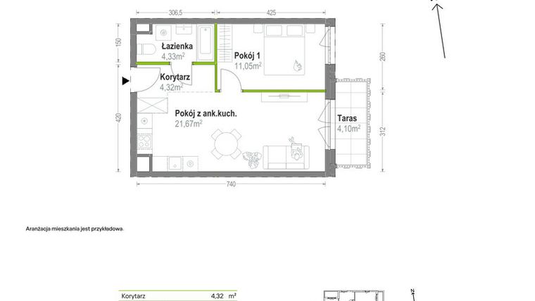 Rzut - Mieszkanie na sprzedaż 2 pokoje o powierzchni 41,37 m² - numer A.A.1.04 w Głębocka Vita