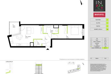 Rzut - Mieszkanie na sprzedaż 2 pokoje o powierzchni 49,13 m² - numer A108 w In Place 2