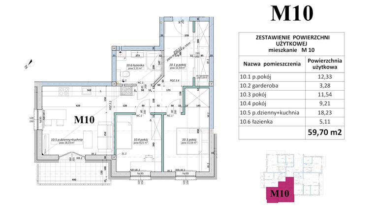 Rzut - Mieszkanie na sprzedaż 3 pokoje o powierzchni 59,7 m² - numer M10 w Osiedle Brzesko-Jasień