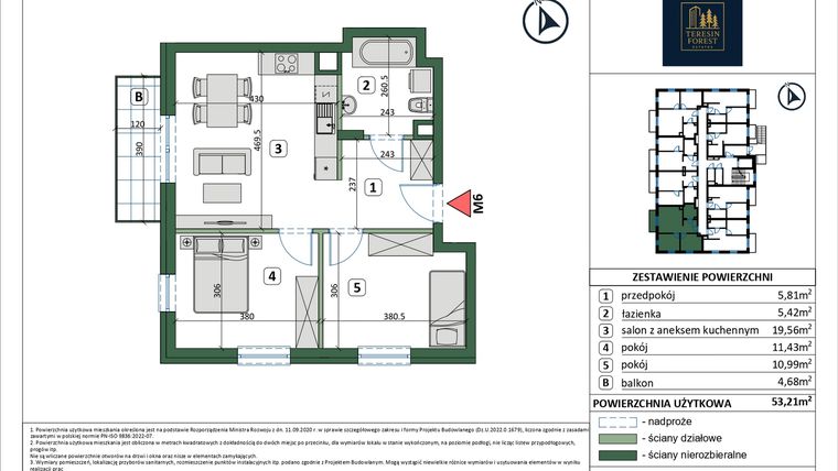 Rzut - Mieszkanie na sprzedaż 3 pokoje o powierzchni 53,21 m² - numer 6 w Osiedle przy Sportowej etap III