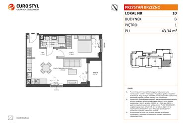 Rzut - Mieszkanie na sprzedaż 2 pokoje o powierzchni 43,34 m² - numer B10 w Przystań Brzeźno etap II