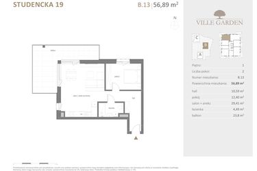 Rzut - Mieszkanie na sprzedaż 2 pokoje o powierzchni 56,89 m² - numer B.13 w Ville Garden