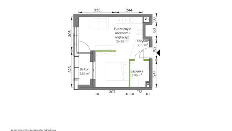 Rzut - Mieszkanie na sprzedaż 1 pokój o powierzchni 33,35 m² - numer C1/00/07 w WUWA Vita