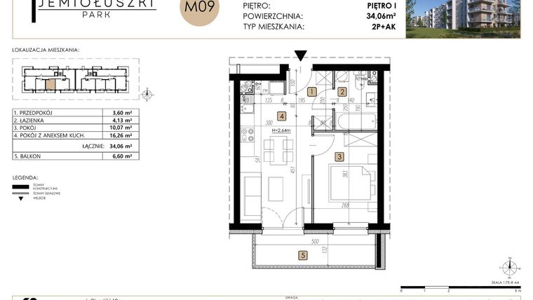 Rzut - Mieszkanie na sprzedaż 2 pokoje o powierzchni 34,06 m² - numer M09 w Jemiołuszki Park