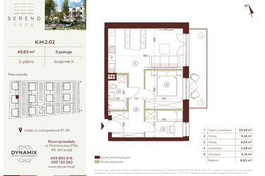 Rzut - Mieszkanie na sprzedaż 3 pokoje o powierzchni 49,83 m² - numer K.M.2.02 w Sereno Park